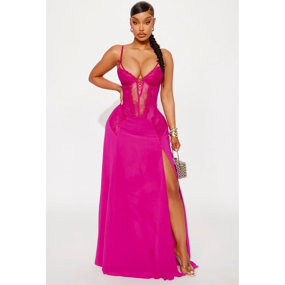 Hot Pink/Magenta Lace Corset Prom Gown‎ High Slit Maxi Dress Sexy Formal Evening
